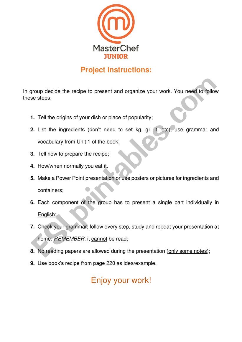 Master chef Junior  worksheet