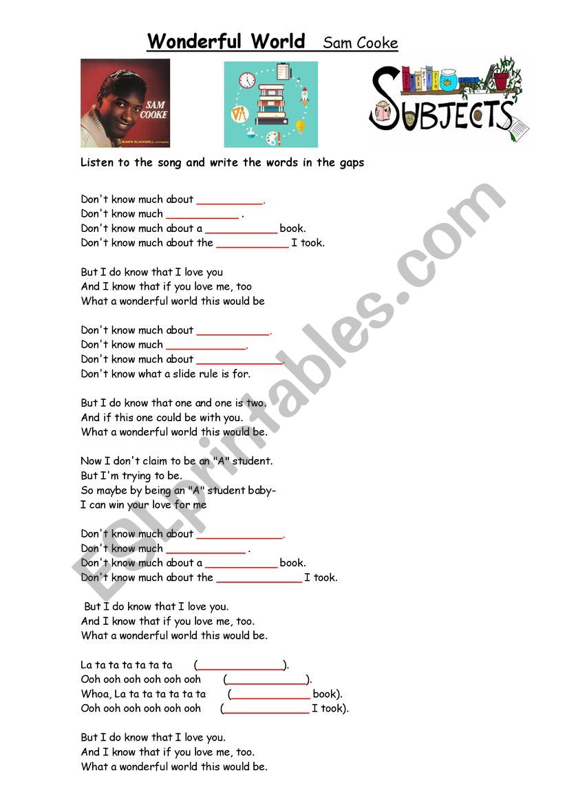 Wonderful World by Sam Cooke worksheet