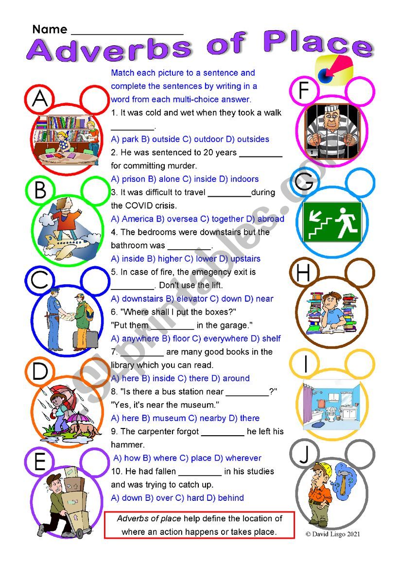 Adverbs Of Place Multi choice Worksheet With Answer Keys ESL 