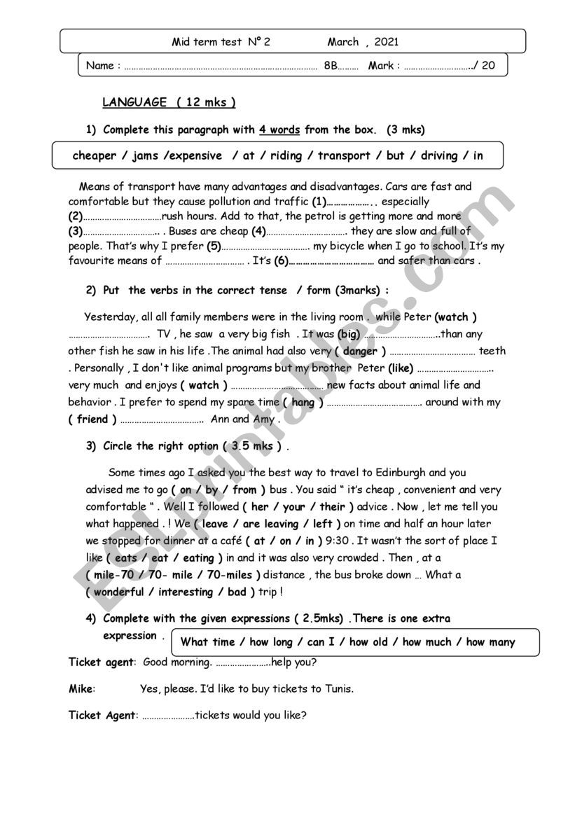 mid term test 2 8th form      worksheet