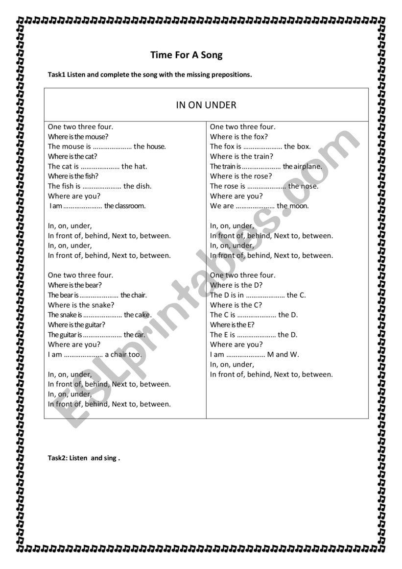 Prepositionsï¿½ Song Esl Worksheet By Amel Amami 2459