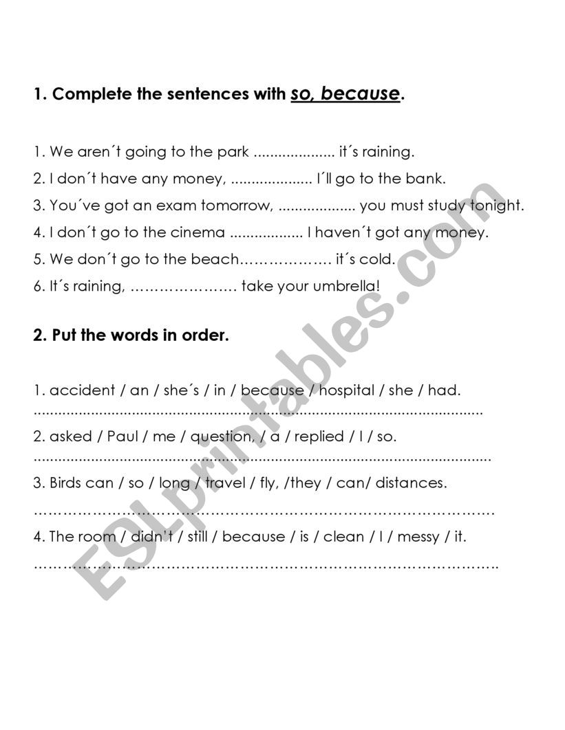 Conjunctions (because and So) worksheet