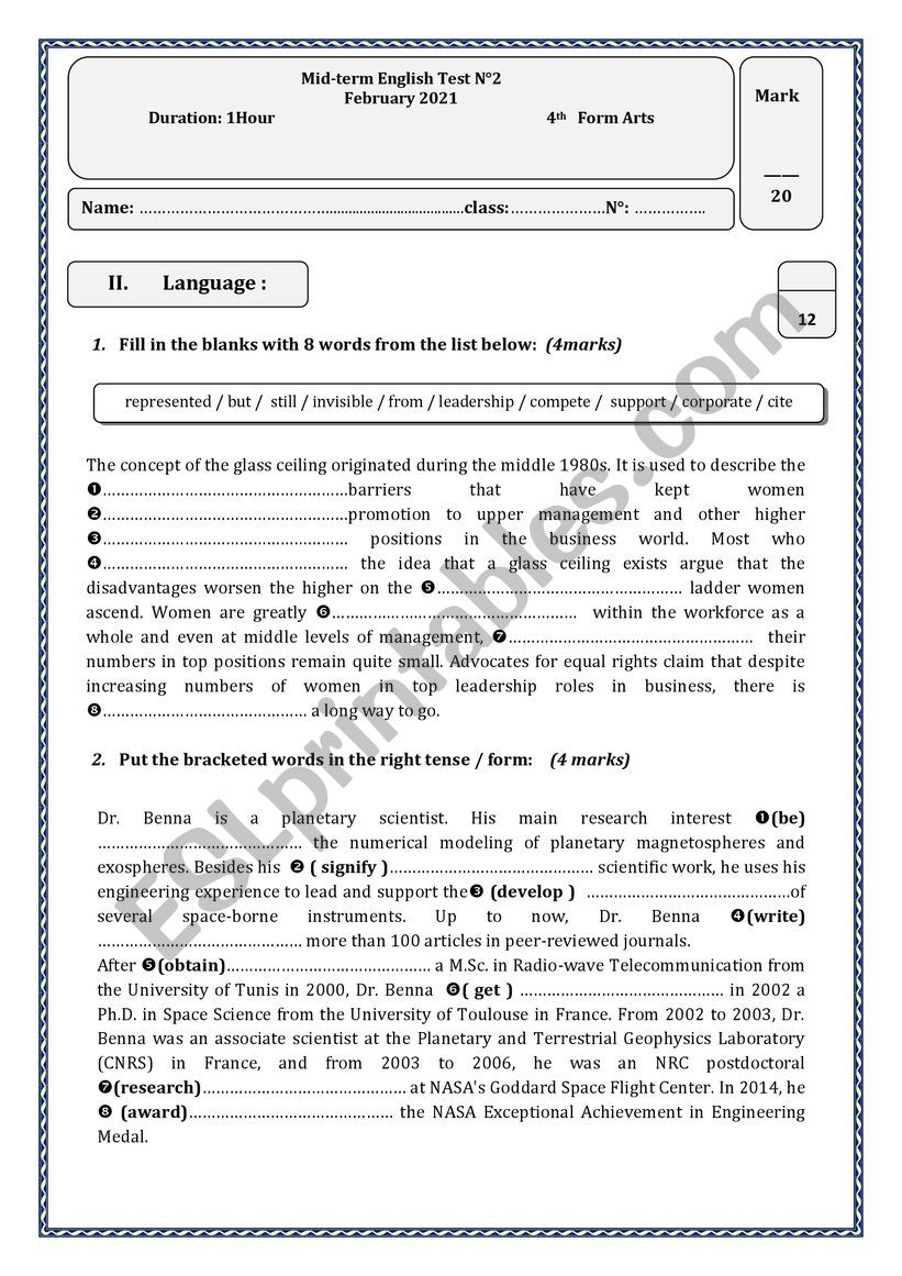 4th form mid-term test N°2 - ESL worksheet by youda