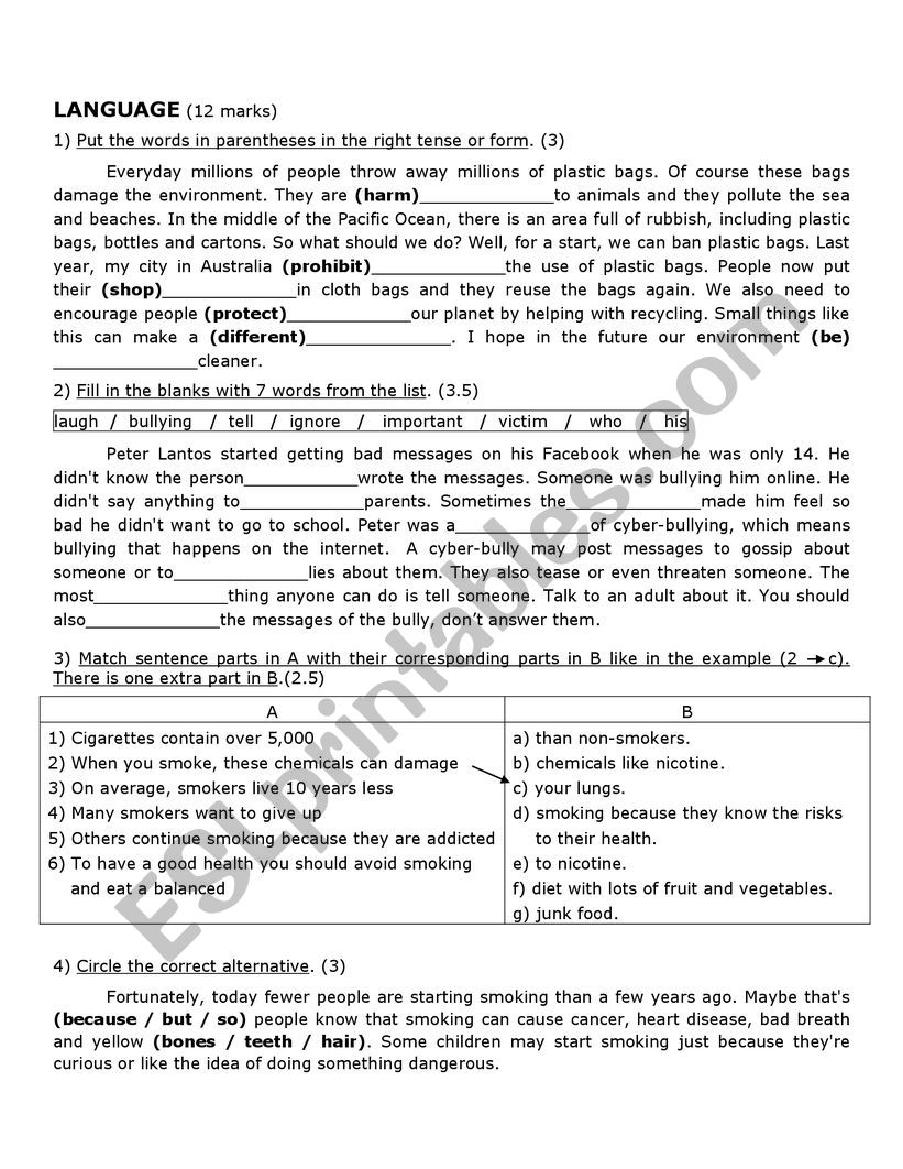 9th form test march 2021 worksheet