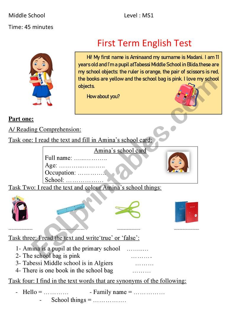 Aminas school card: worksheet