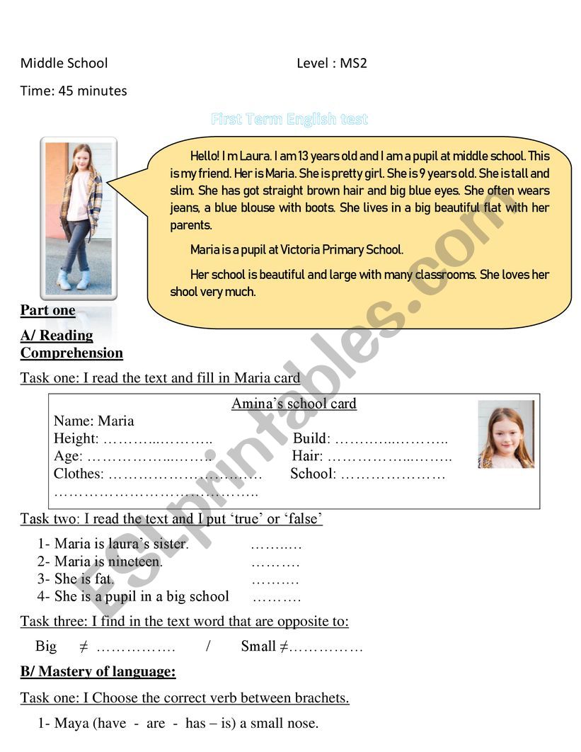 Marias school card worksheet