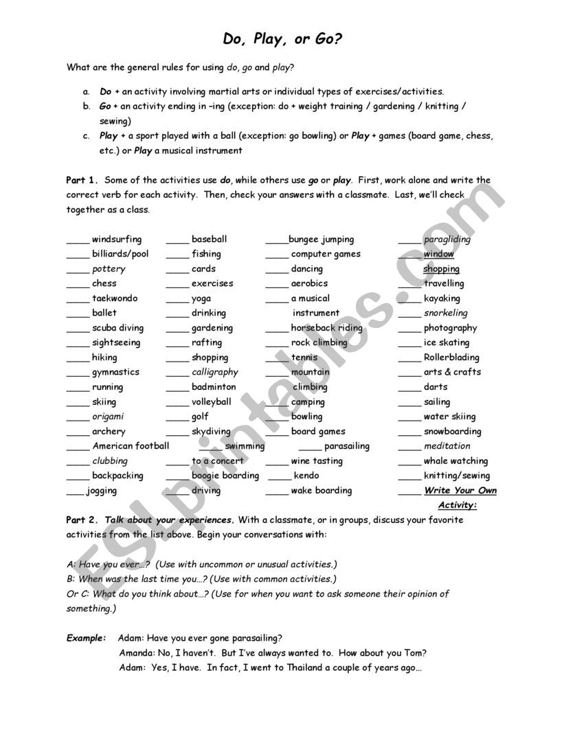 Do, play or go worksheet