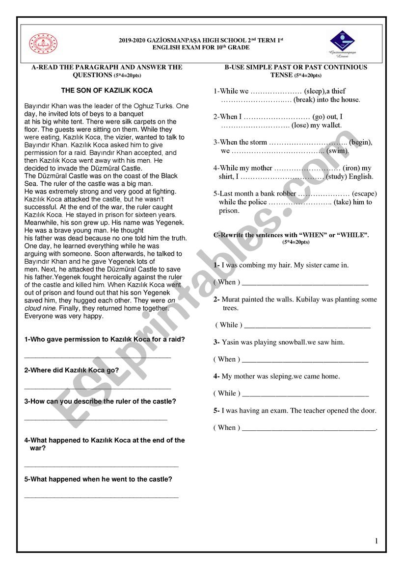 2019-2020-10th grade  2nd term 1st english  exam