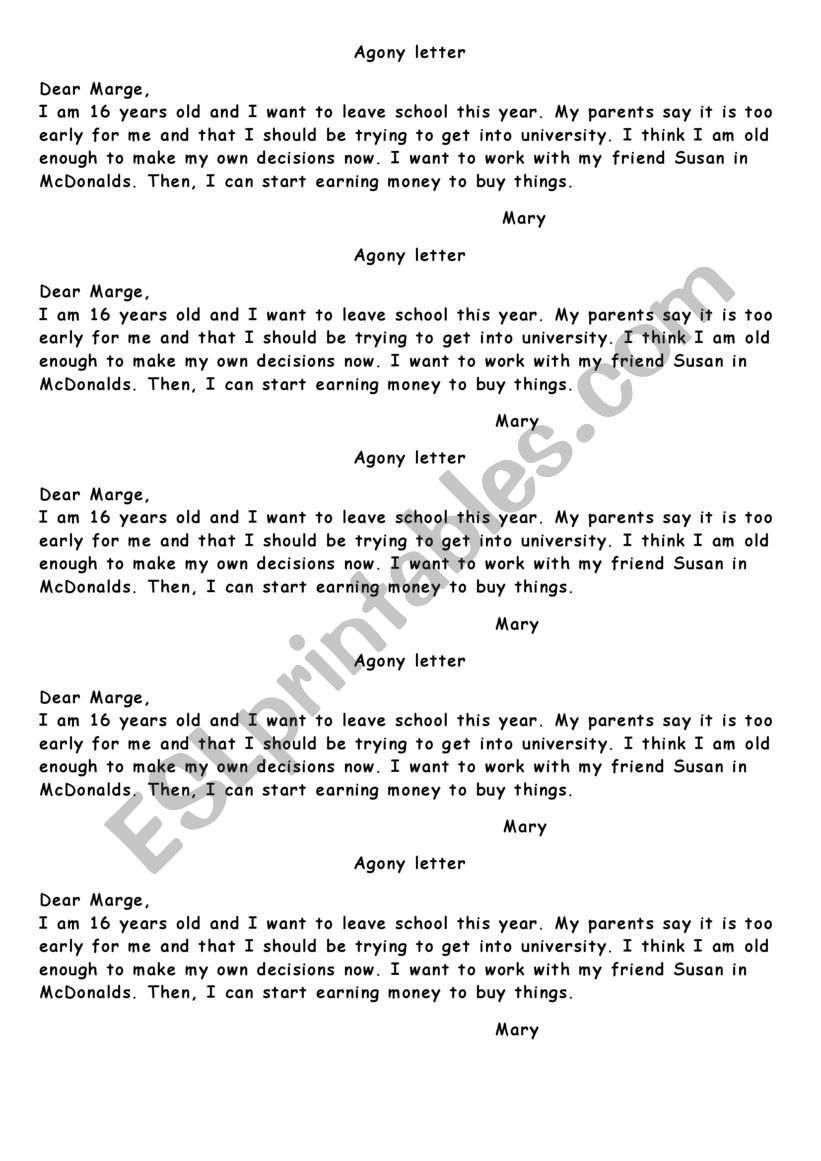 agony letter worksheet