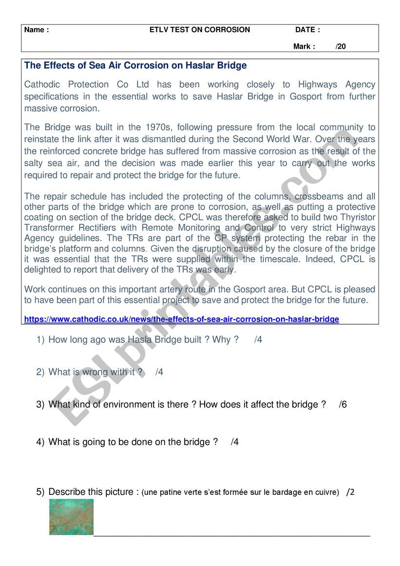 test on corrosion worksheet