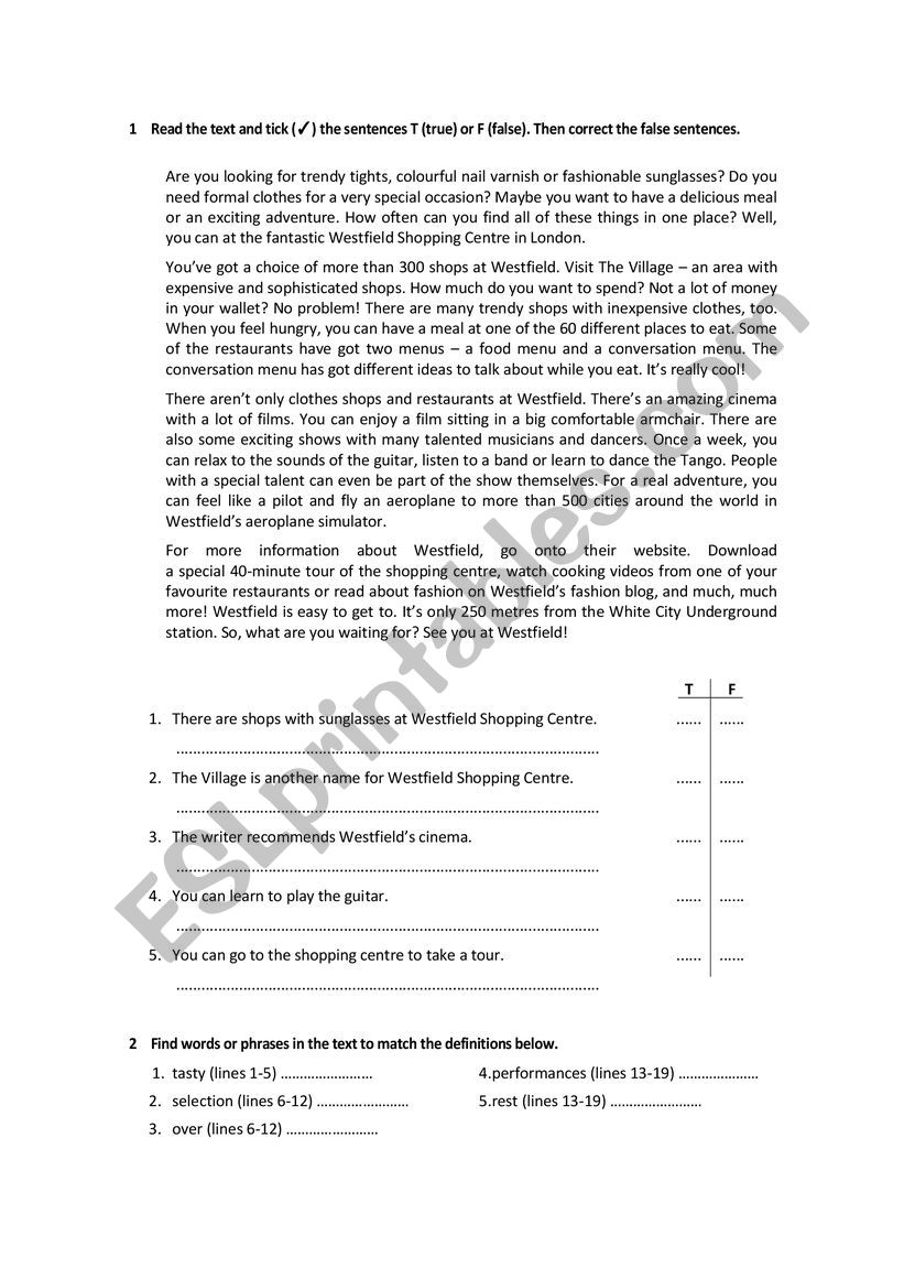 Reading about cities worksheet