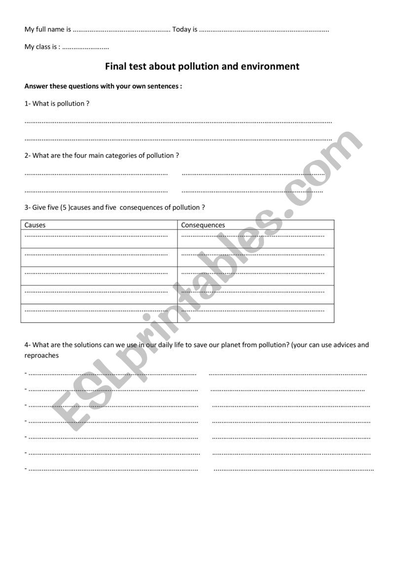 pollution and environment worksheet