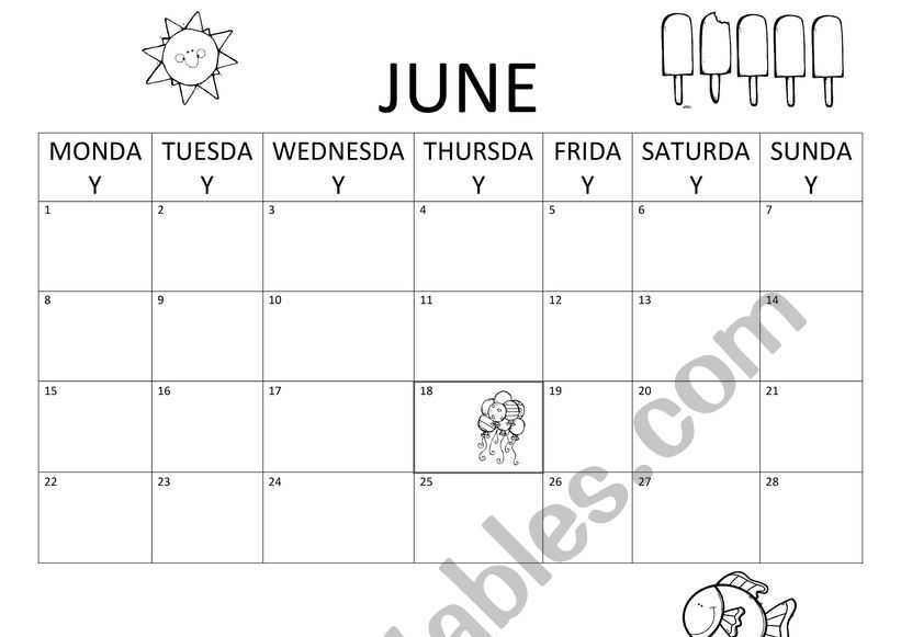 June weather calendar ESL worksheet by SLauren