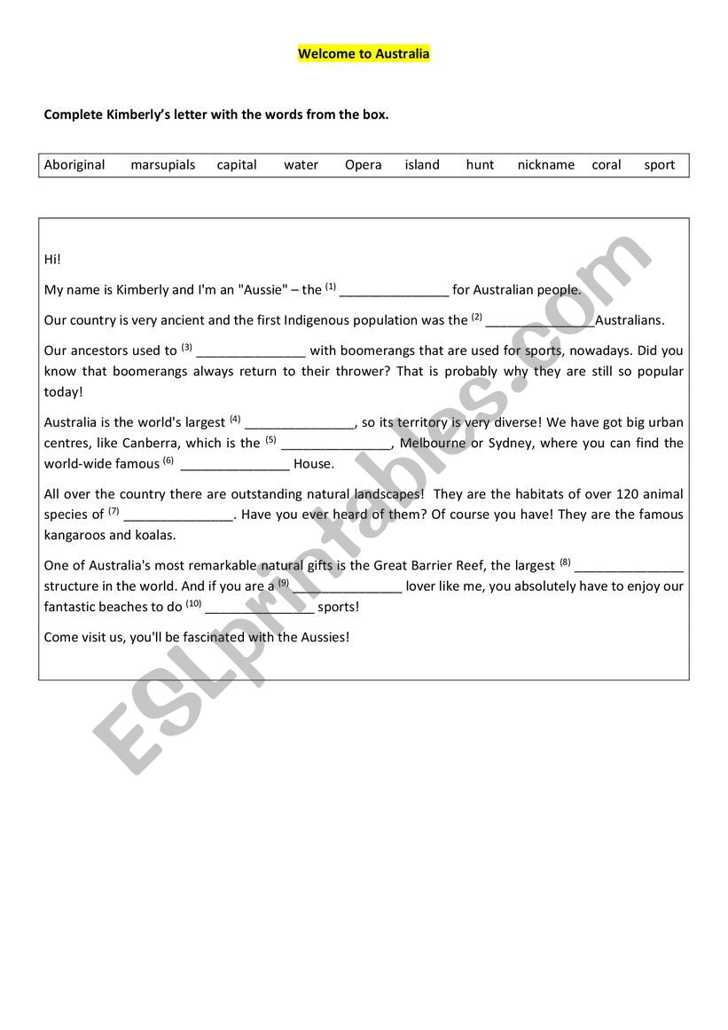 A letter about Australia worksheet