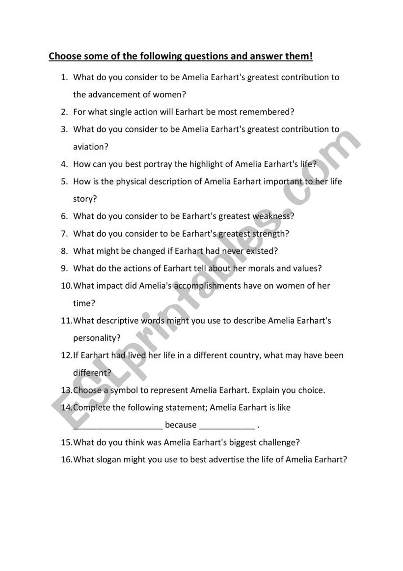 Amelia Earhart worksheet