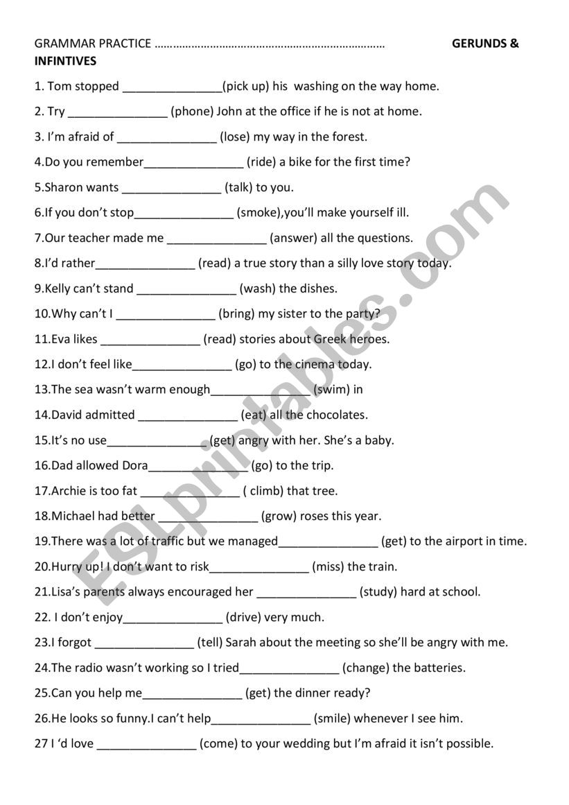 Gerunds and infinitives worksheet