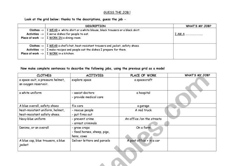 GUESS THE JOB ! worksheet