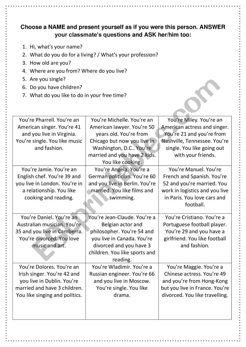 Role play cards worksheet