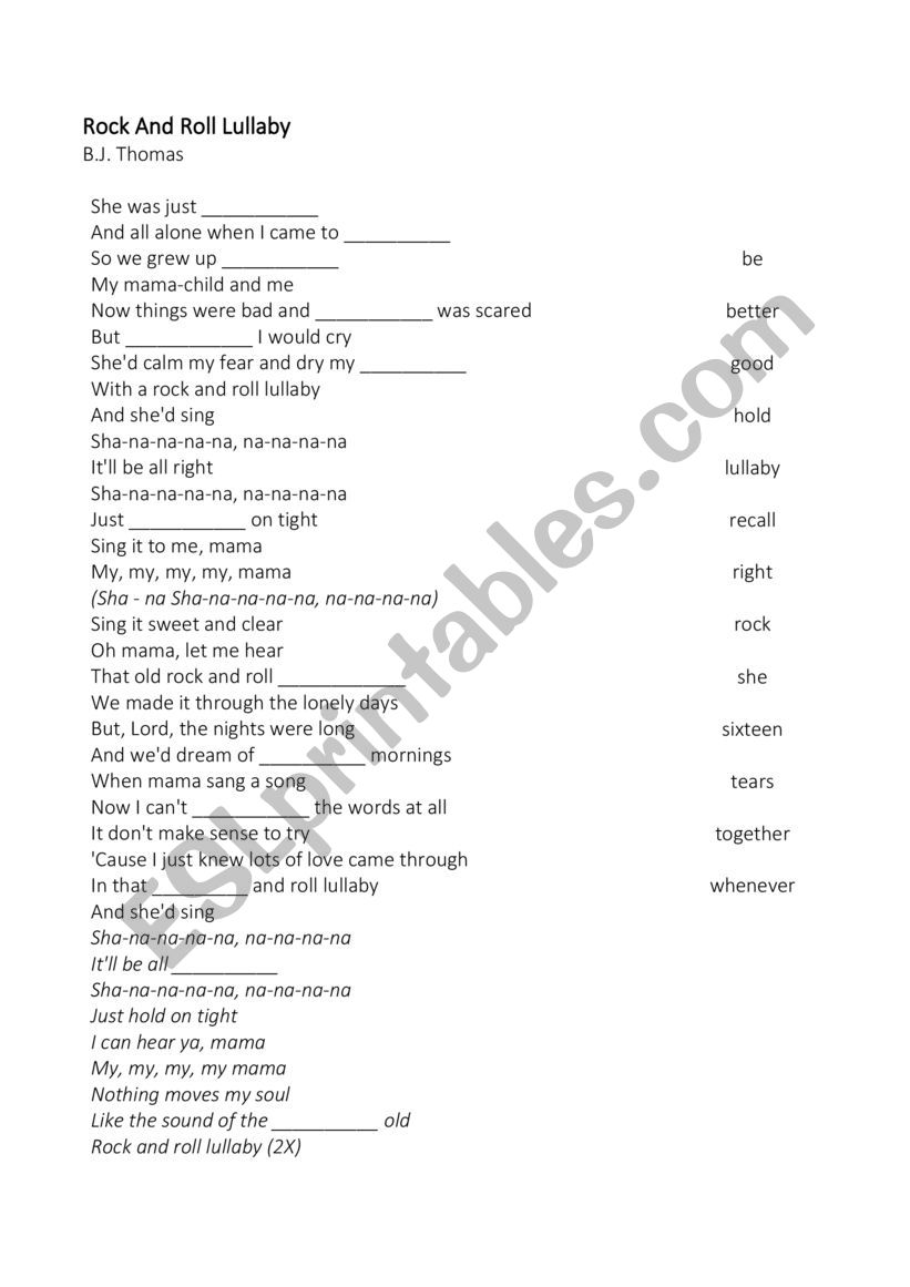 Rock I N Roll Lullaby Esl Worksheet By Ligiaberenguer