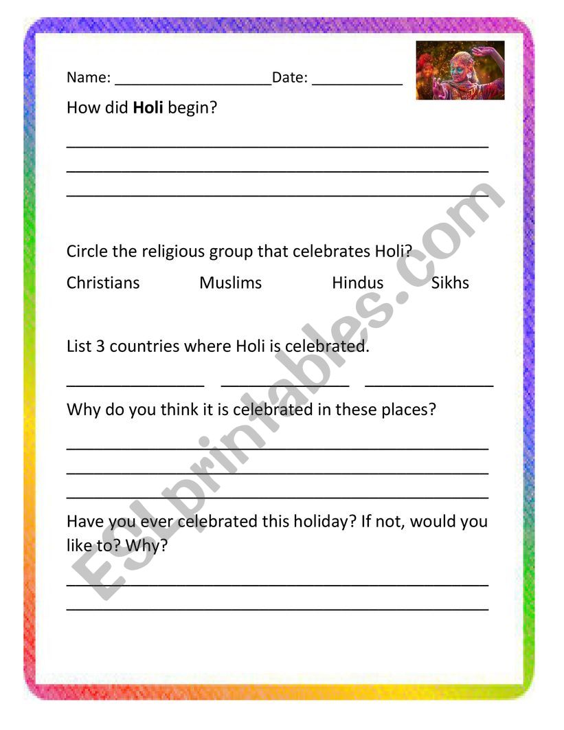 Holi  worksheet