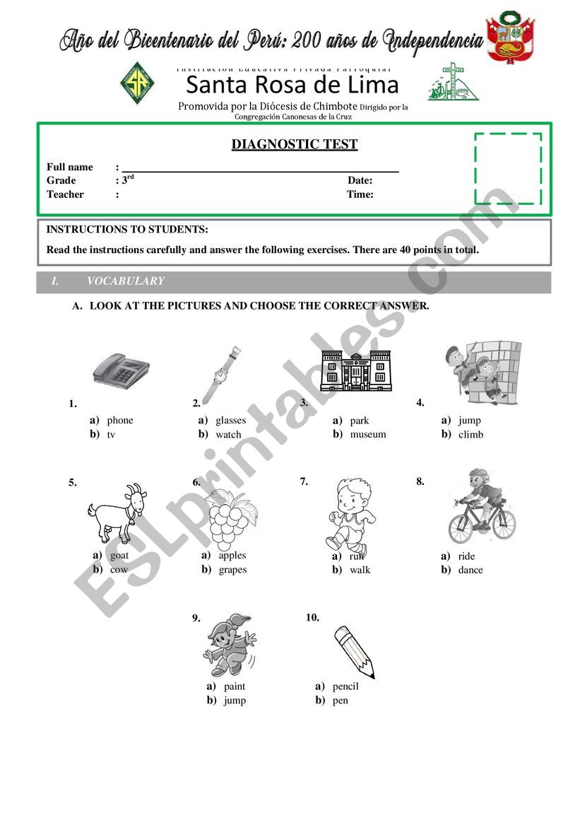 TEST - PRIMARY - THIRD GRADE - DIAGNOSTIC TEST