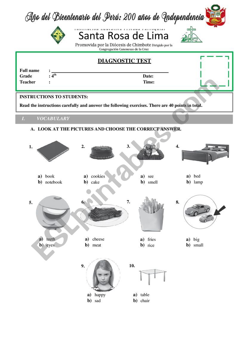 TEST - PRIMARY - FOURTH GRADE - DIAGNOSTIC TEST