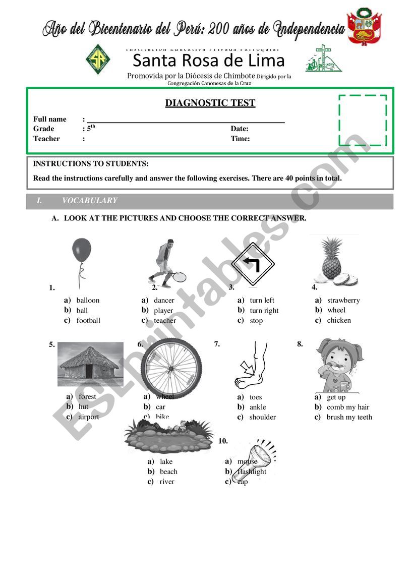 TEST - PRIMARY - FIFTH GRADE - DIAGNOSTIC TEST