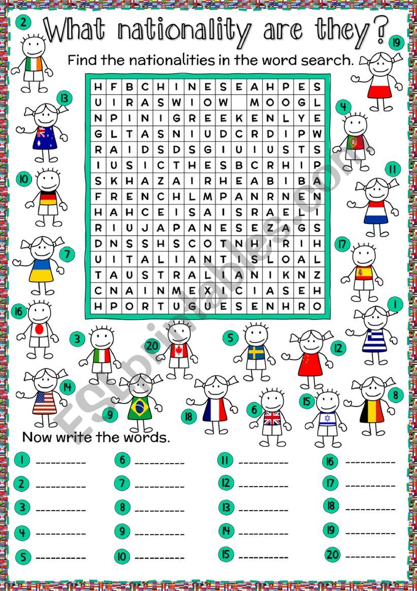 What Nationality Are They Word Search ESL Worksheet By Mada 1