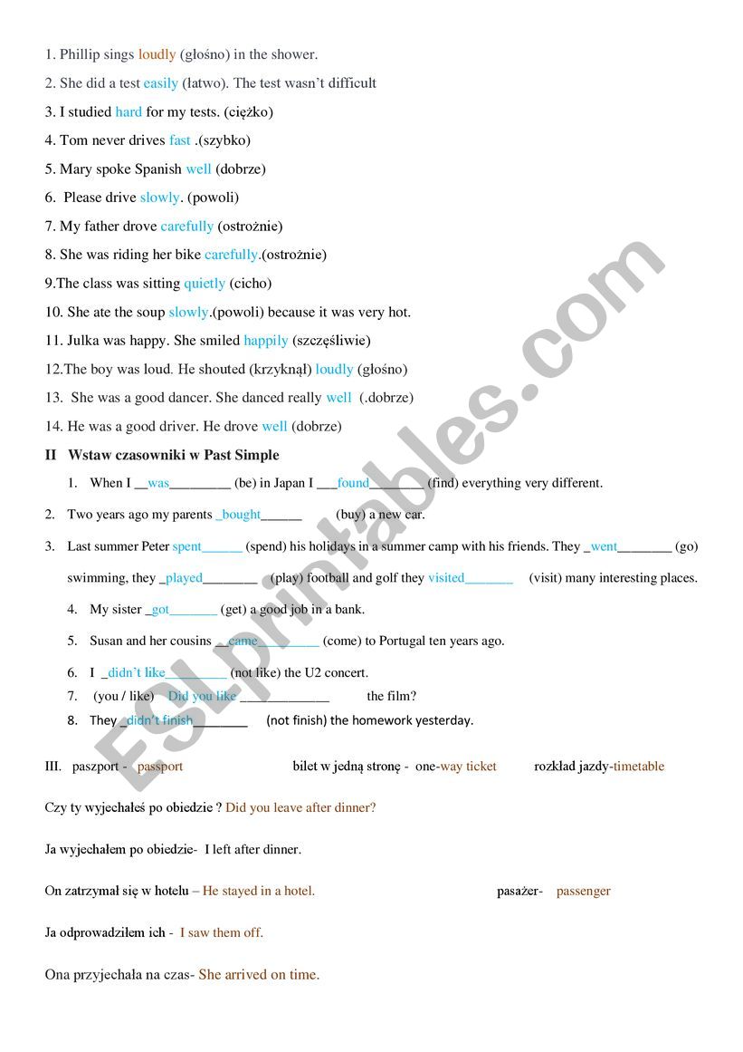 Adverbs Past Simple worksheet
