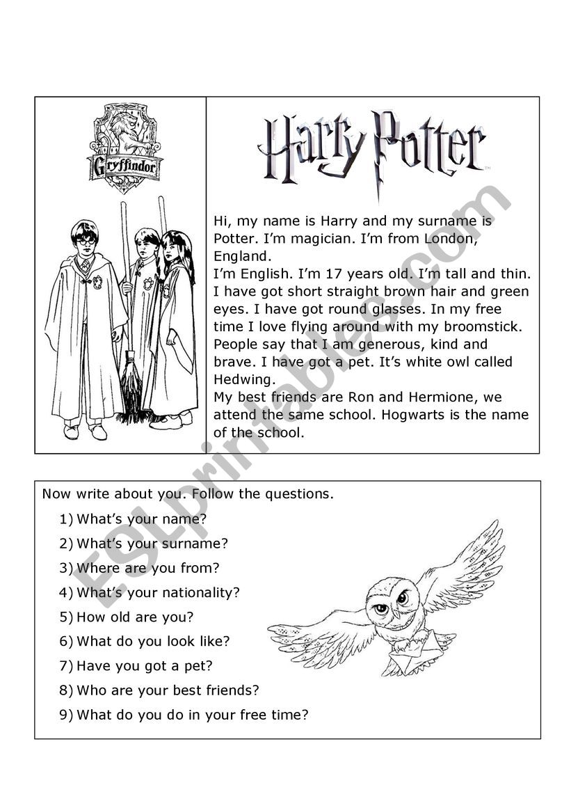 Harry Potter description worksheet