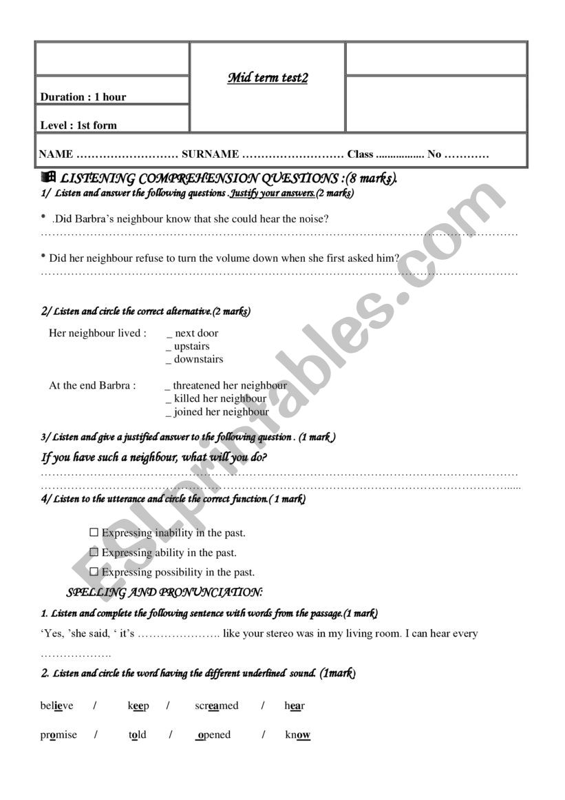 mid term2 test first form worksheet