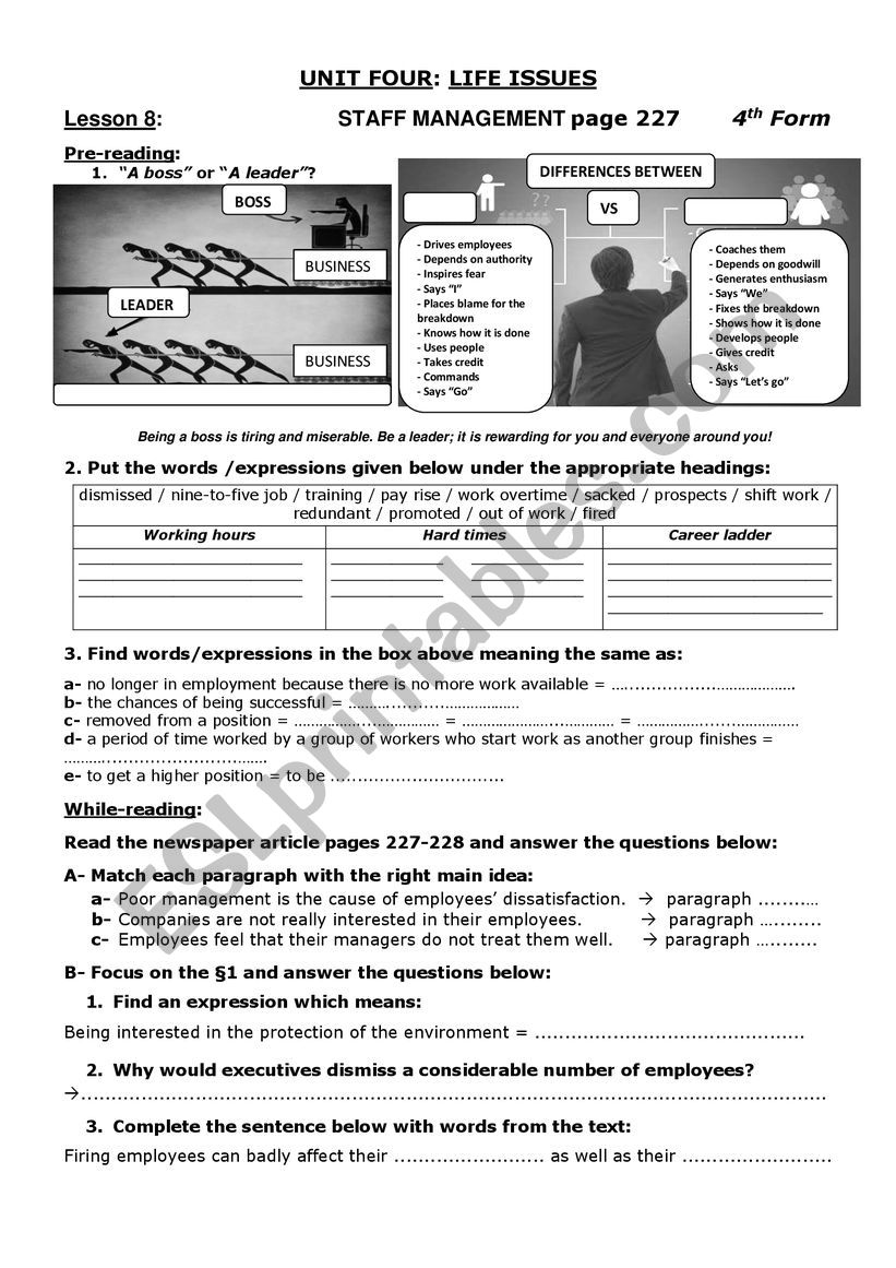 Unit 4 - Lesson 8 - Staff Management - ESL worksheet by Neifar