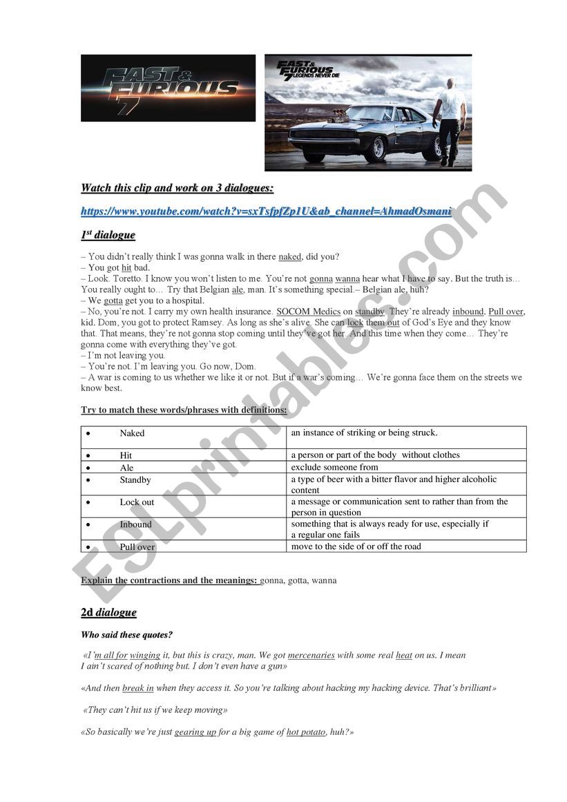 Fast and Furious 7  worksheet