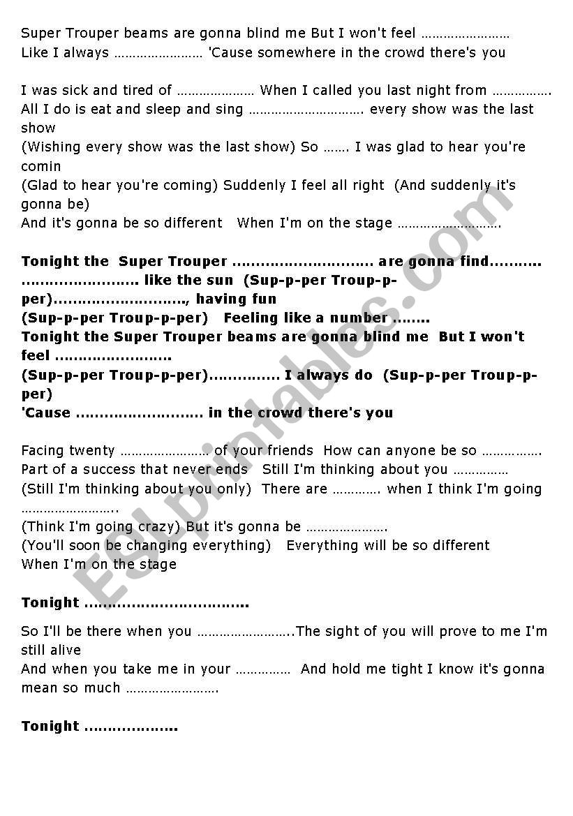 ABBA super trouper worksheet