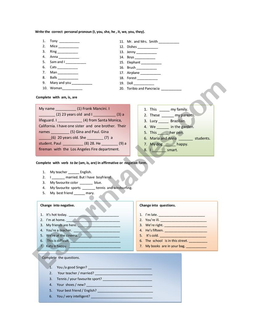 Personal pronoums and verb to be 