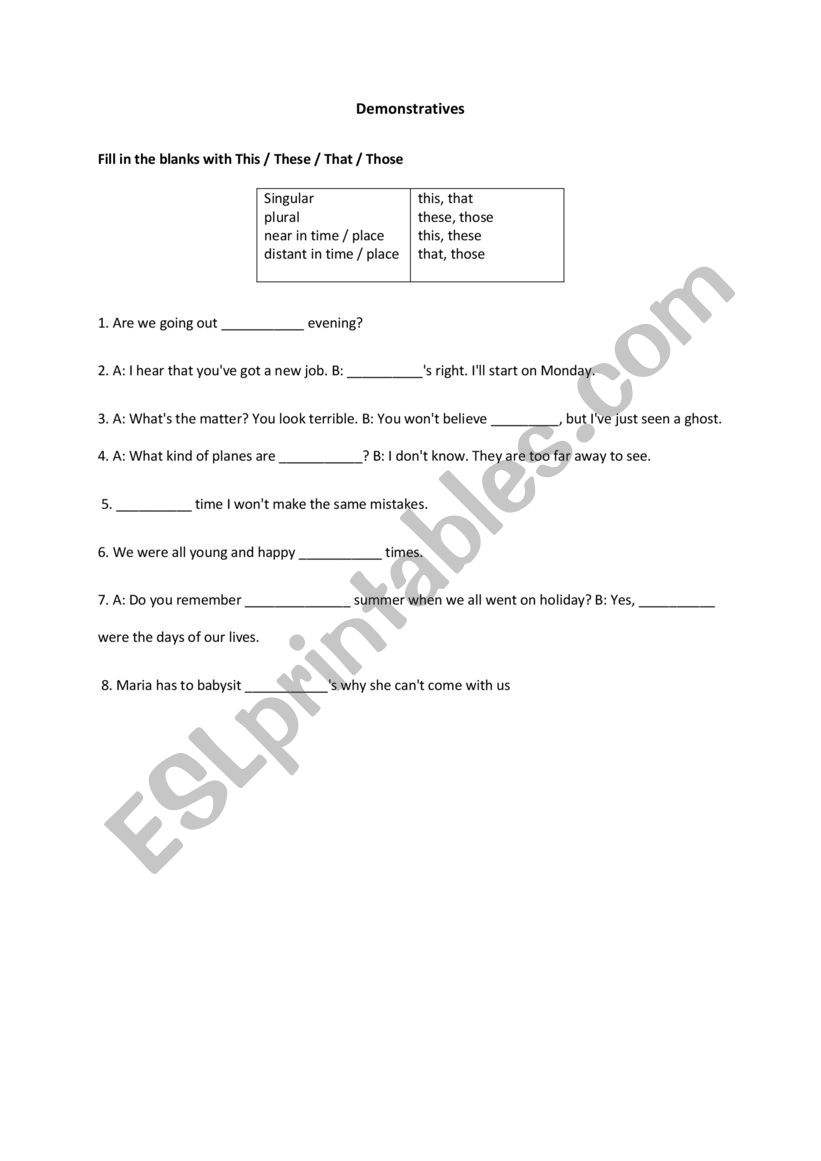 Demonstratives worksheet