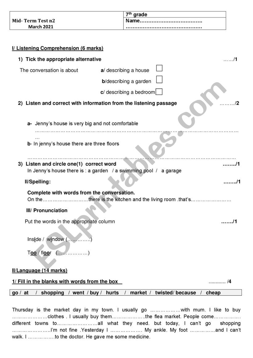 mid-term test n°2 - ESL worksheet by sounty