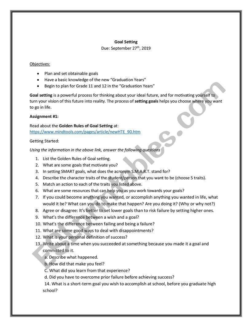 Goal Setting worksheet