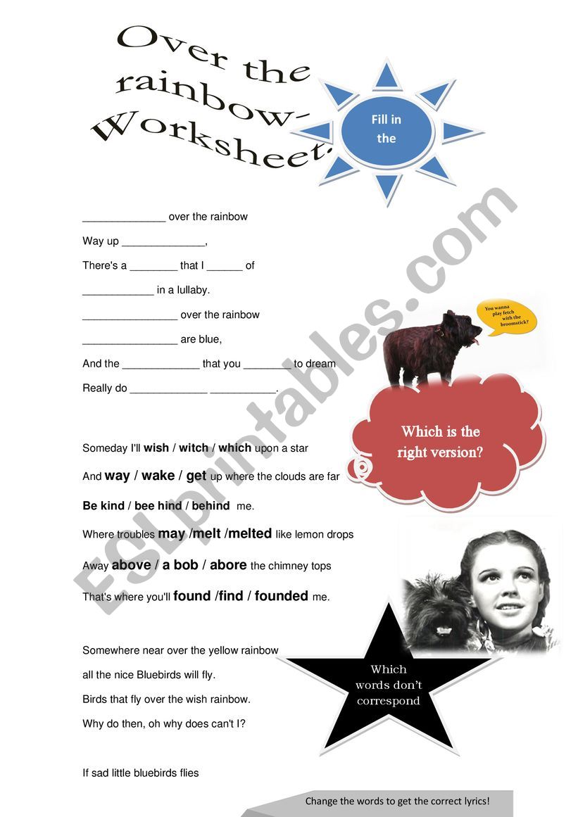 Some where over the rainbow worksheet