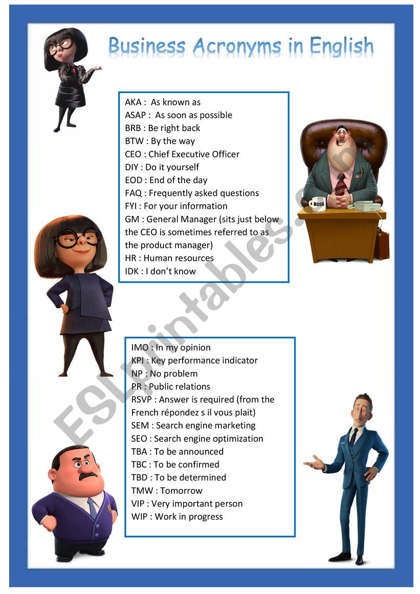Business acronyms in English - ESL worksheet by Cariboo