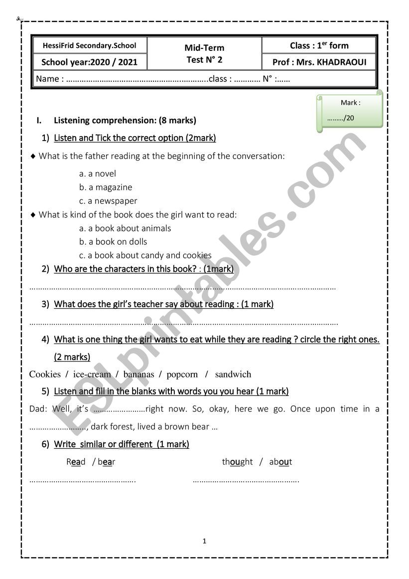 1st form mid term test 2 worksheet