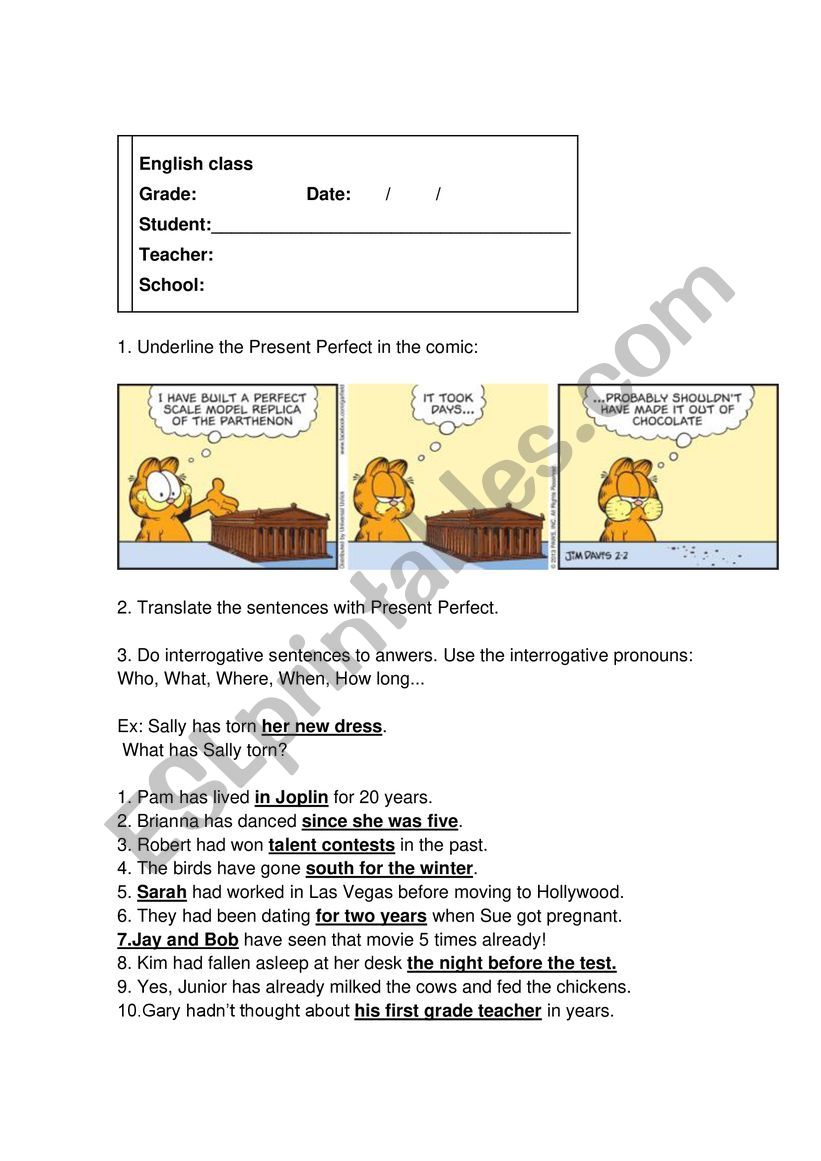 Perfect: present and past worksheet