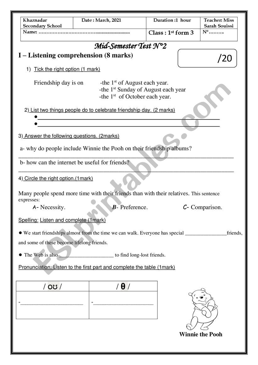 Mid-semester test first form - ESL worksheet by Ssouissi