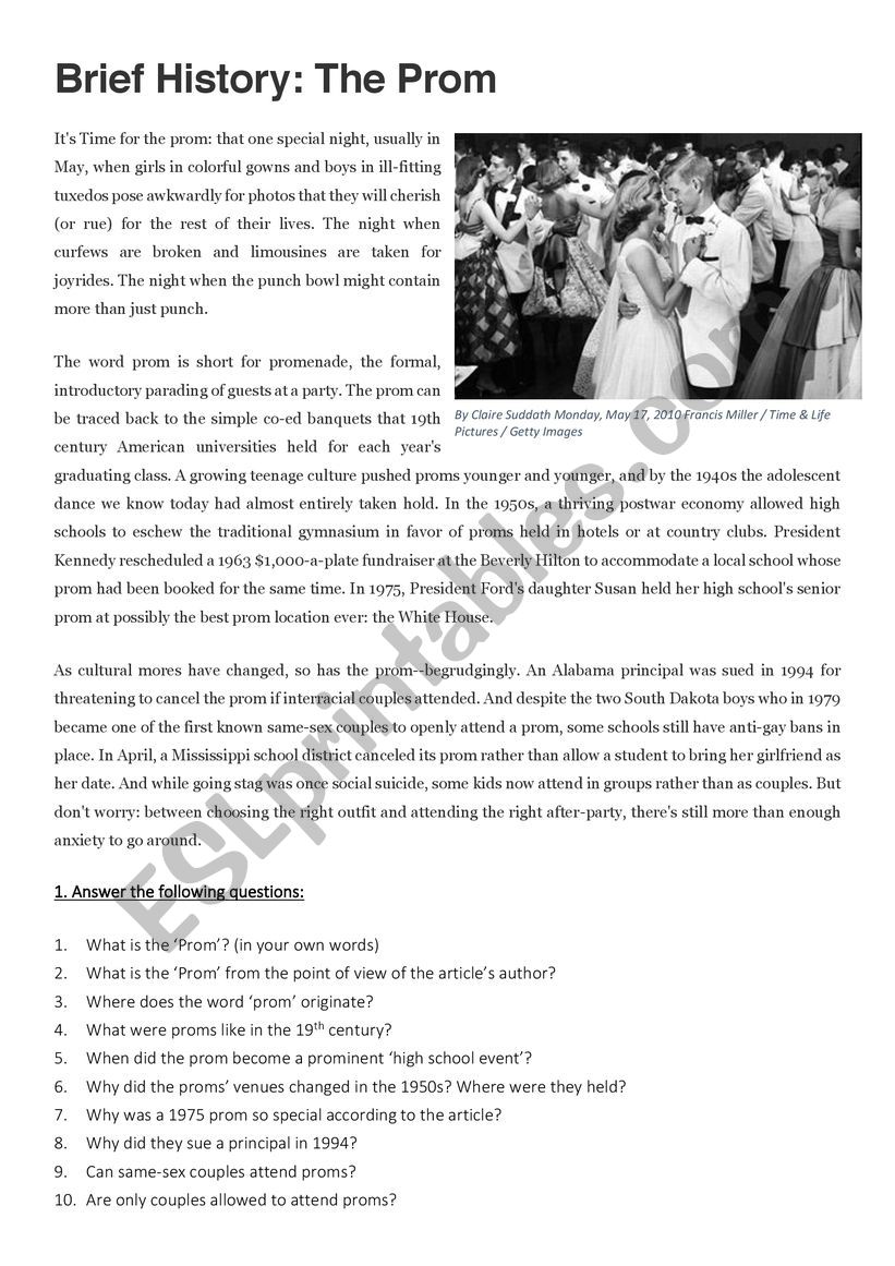 The Prom - brief history worksheet