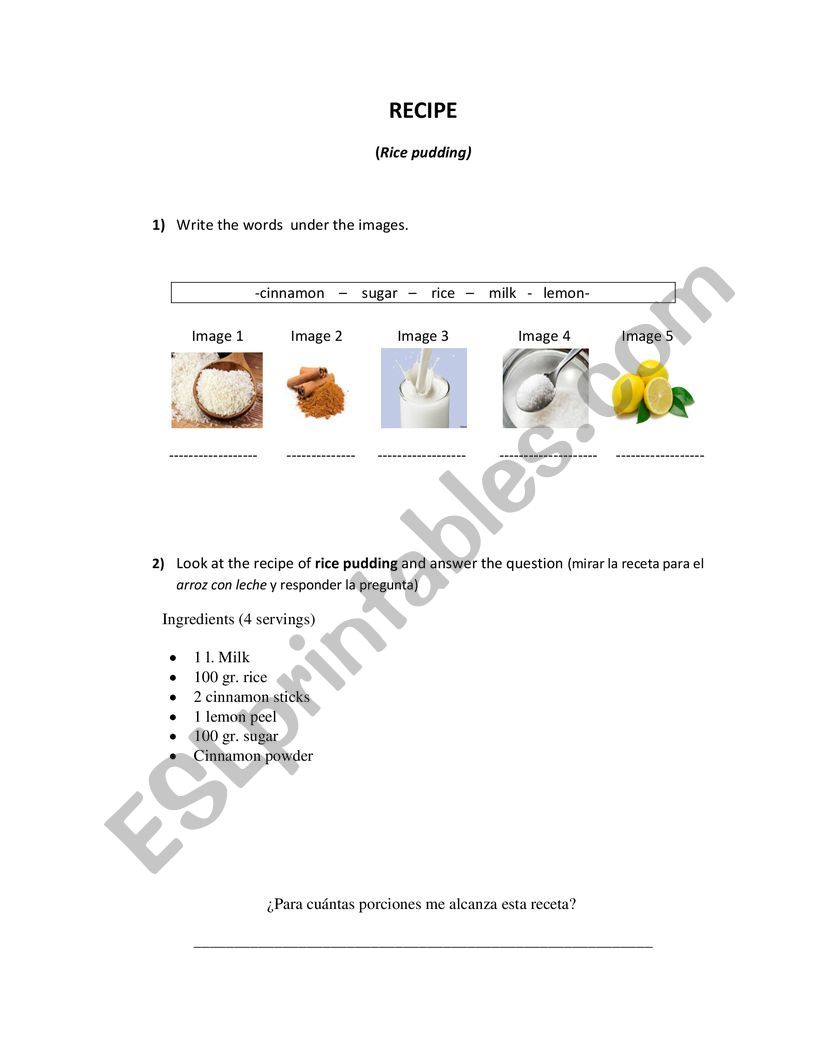 recipe (rice pudding) worksheet