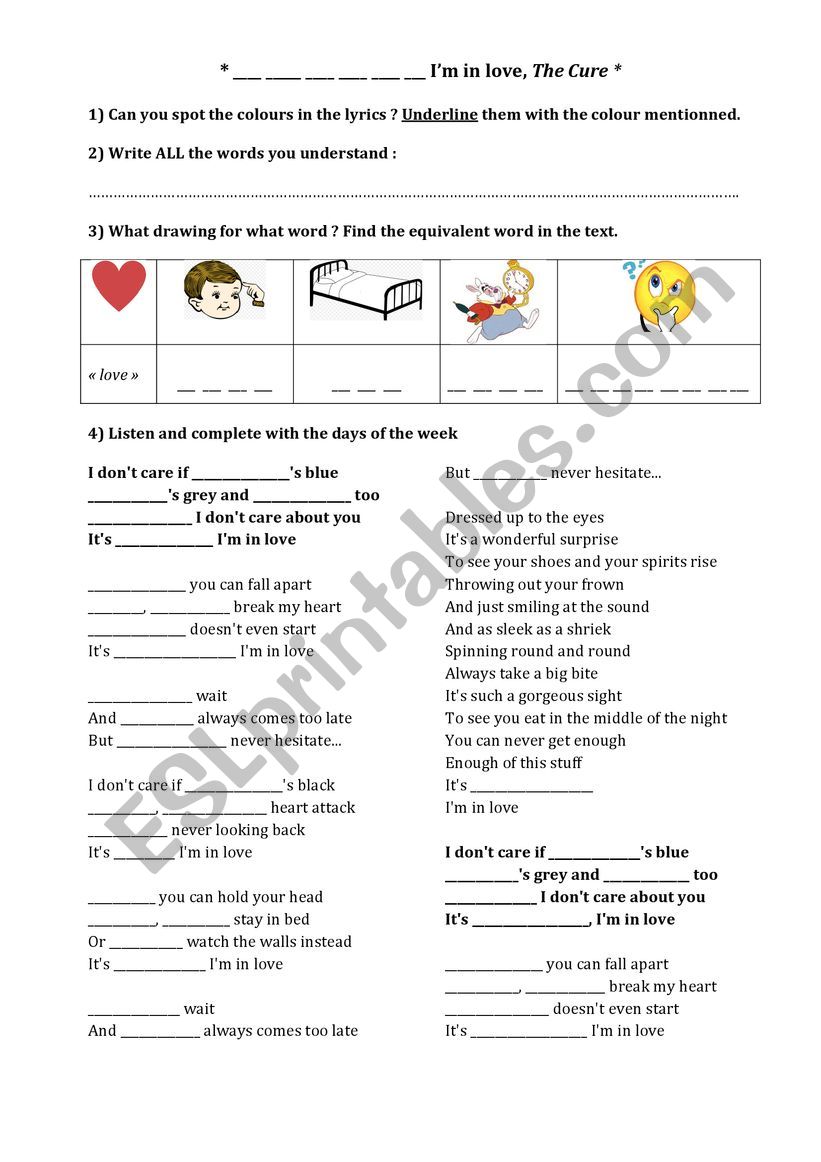 The Cure Friday Ii M In Love Days Song Esl Worksheet By Isab Elle