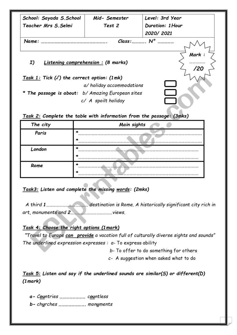 mid-term test N2 worksheet