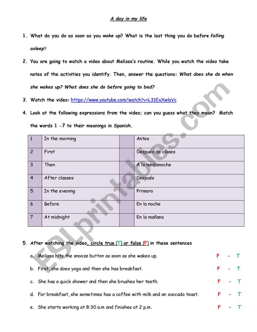 A day in my life worksheet
