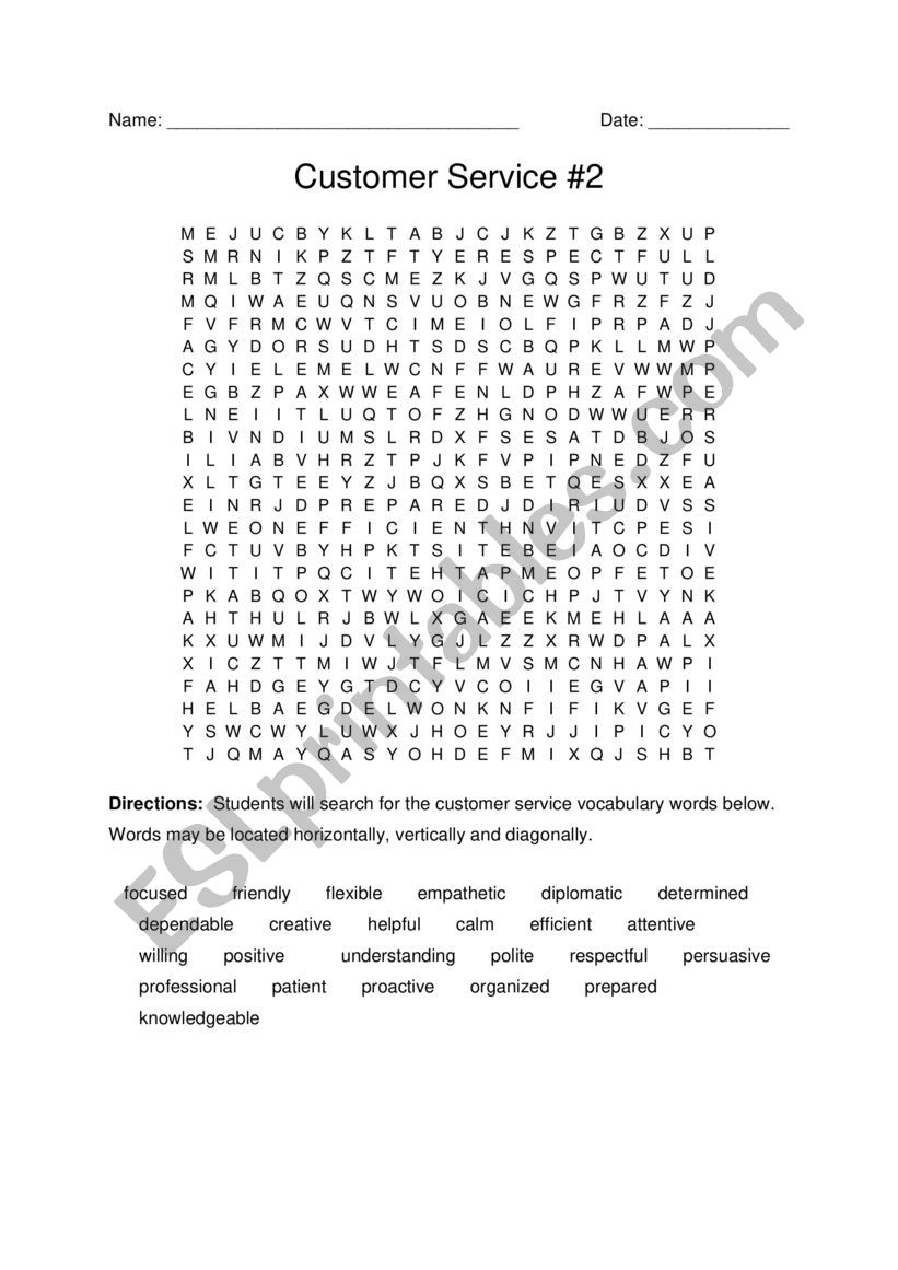 Customer Service Vocabulary - Word Search