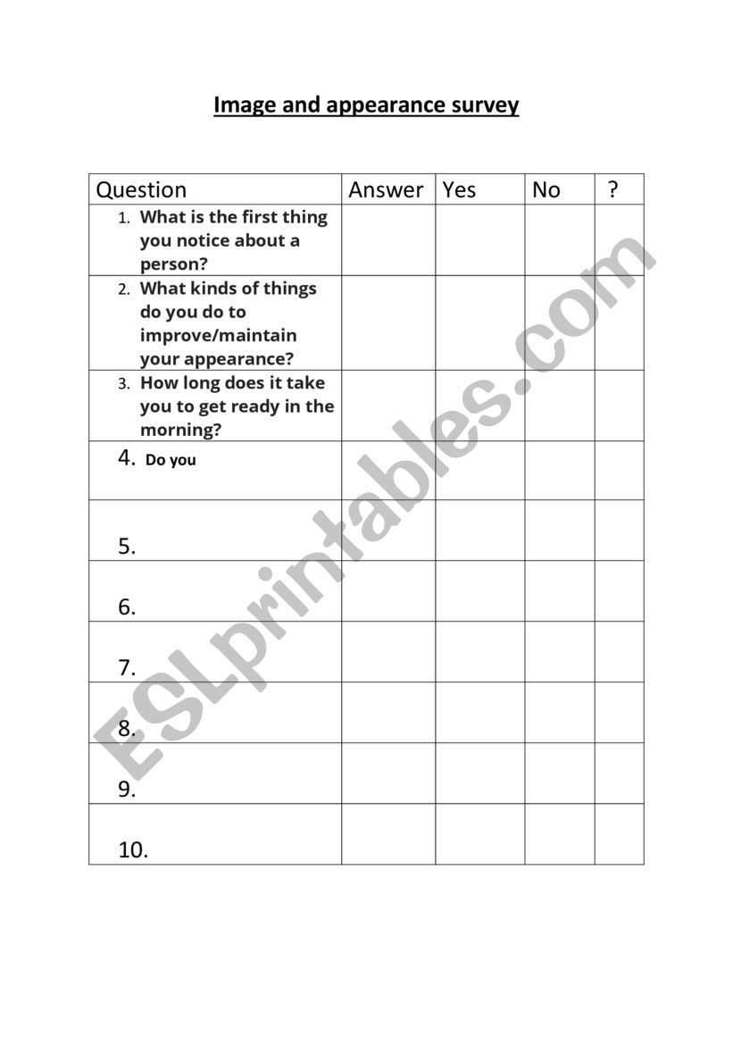 Image and appearance survey worksheet